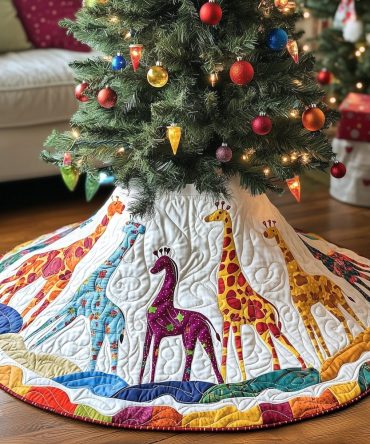 Golden Grass Giraffes Holiday Tree Skirt — Sunlit Quilted Design With Earth Tones, Custom Handmade For Elegant Seasonal Decor