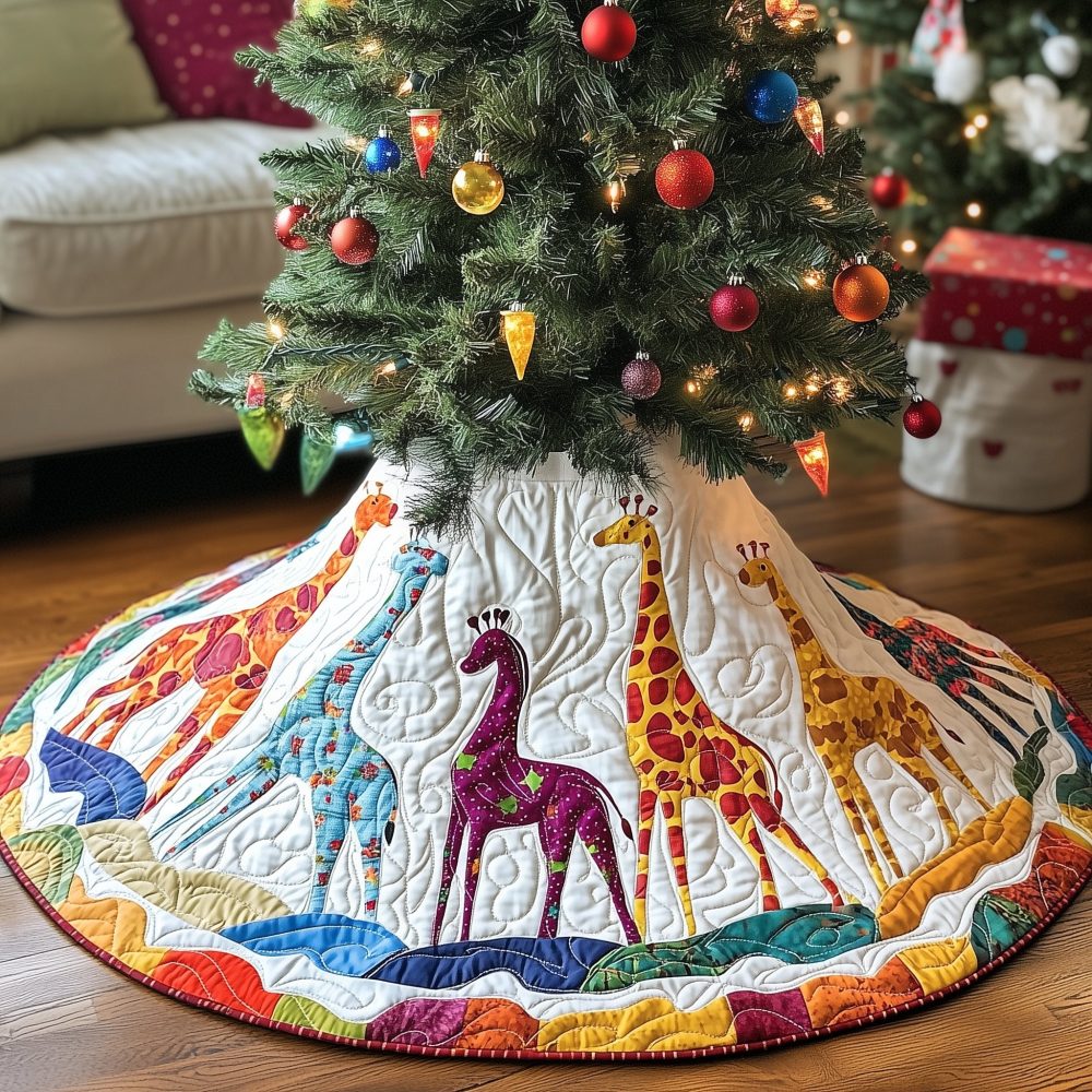 Golden Grass Giraffes Holiday Tree Skirt — Sunlit Quilted Design With Earth Tones, Custom Handmade For Elegant Seasonal Decor