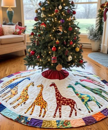 Rainbow Trim Giraffe Ring Holiday Tree Skirt — Cheerful Giraffe Circle With Rainbow Edge, Handcrafted Christmas Tree Skirt, Made-To-Order & Kid-Friendly