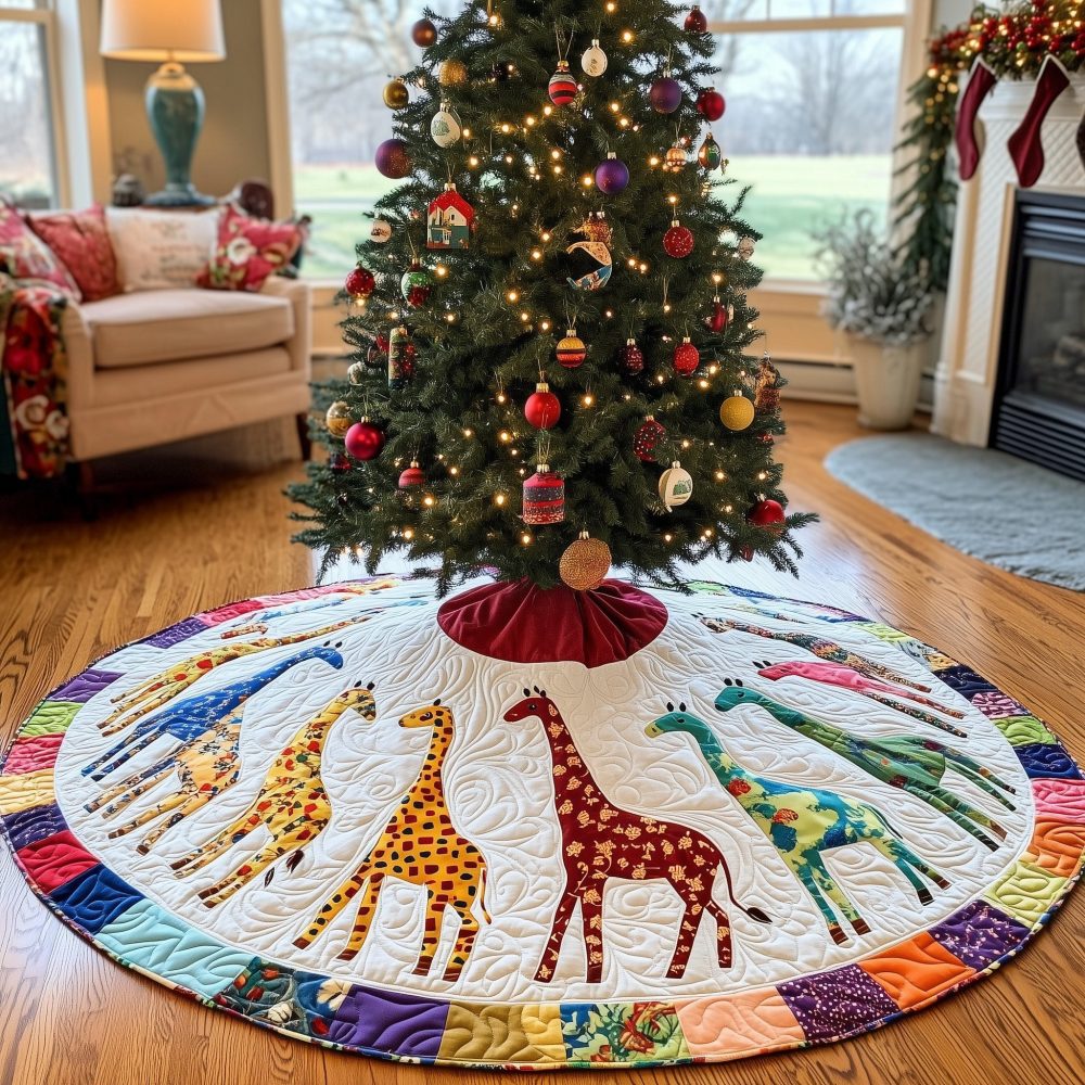 Rainbow Trim Giraffe Ring Holiday Tree Skirt — Cheerful Giraffe Circle With Rainbow Edge, Handcrafted Christmas Tree Skirt, Made-To-Order & Kid-Friendly