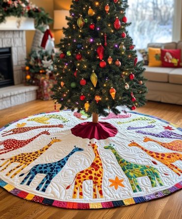 Starlit Giraffe Pair Holiday Tree Skirt — Handcrafted Christmas Skirt With Giraffes Under Stars, Made-To-Order In Custom Sizes & Colorways