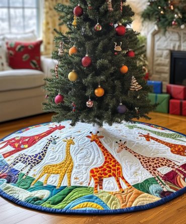 Blue Wave Hills Giraffes Holiday Tree Skirt — Scenic Handcrafted Christmas Skirt With Giraffes & Oceanic Blue Waves, Made-To-Order Sizes Available