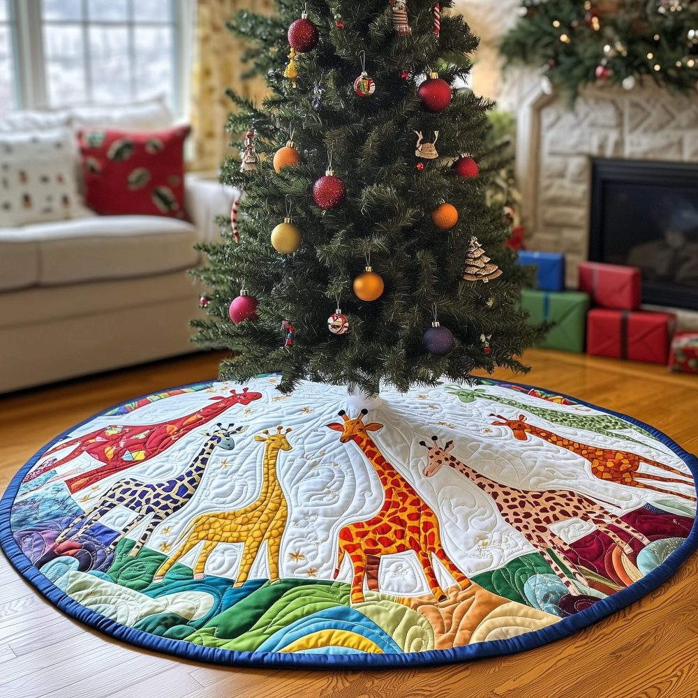 Blue Wave Hills Giraffes Holiday Tree Skirt — Scenic Handcrafted Christmas Skirt With Giraffes & Oceanic Blue Waves, Made-To-Order Sizes Available
