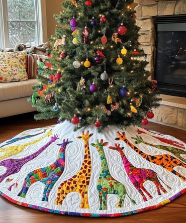Jewel Giraffe Gathering Holiday Tree Skirt — Colorful Hand-Embroidered Christmas Skirt With Gem-Toned Giraffe Motifs, Made-To-Order & Customizable