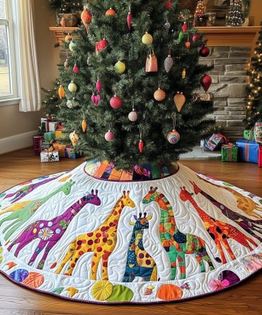 Vibrant Purple Giraffe Patch Holiday Tree Skirt — Playful Handcrafted Christmas Tree Skirt With Colorful Giraffe Motifs, Made-To-Order For Kids' Rooms