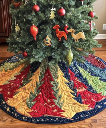 Golden Pine Sunburst Christmas Tree Skirt — Luxurious Gold Embroidered Sun Motif, Soft Velvet Backing, Custom-Sized Holiday Tree Accent