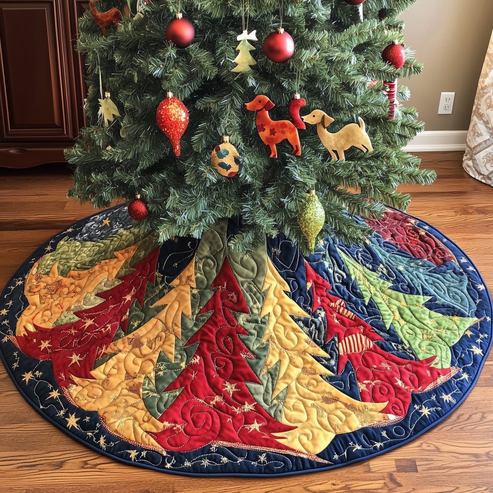 Golden Pine Sunburst Christmas Tree Skirt — Luxurious Gold Embroidered Sun Motif, Soft Velvet Backing, Custom-Sized Holiday Tree Accent