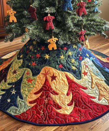 Rich Crimson Starburst Holiday Tree Skirt — Handcrafted Sunburst Pattern, Plush Liner, Elegant Christmas Tree Base Cover, Custom Fit