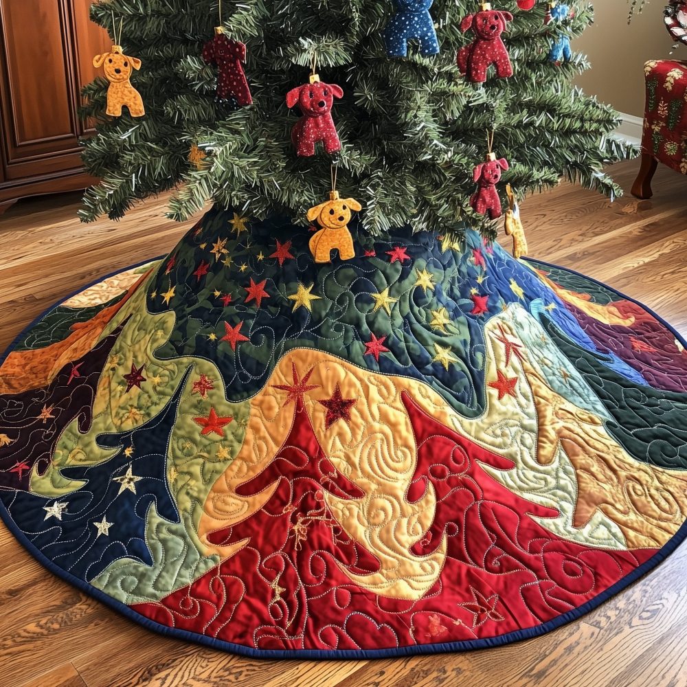 Rich Crimson Starburst Holiday Tree Skirt — Handcrafted Sunburst Pattern, Plush Liner, Elegant Christmas Tree Base Cover, Custom Fit