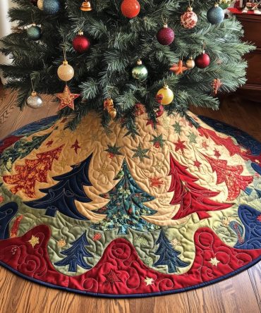 Gilded Tree Swirl Panel Skirt - Made-To-Order Luxurious Swirl Patchwork Christmas Tree Skirt With Metallic Accents
