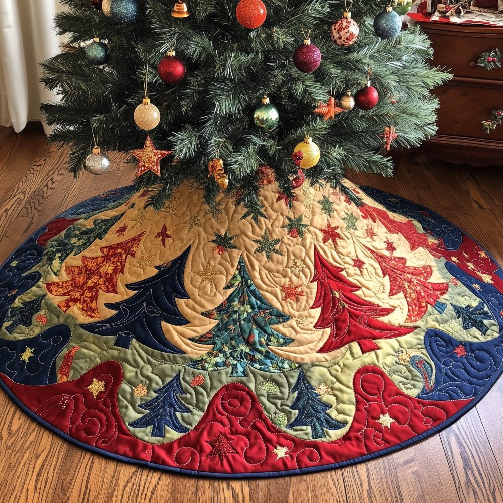 Gilded Tree Swirl Panel Skirt - Made-To-Order Luxurious Swirl Patchwork Christmas Tree Skirt With Metallic Accents