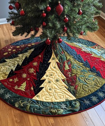 Midnight Tree Patch Fan Skirt - Made-To-Order Elegant Dark Holiday Tree Skirt With Star Accents, Sophisticated Seasonal Base
