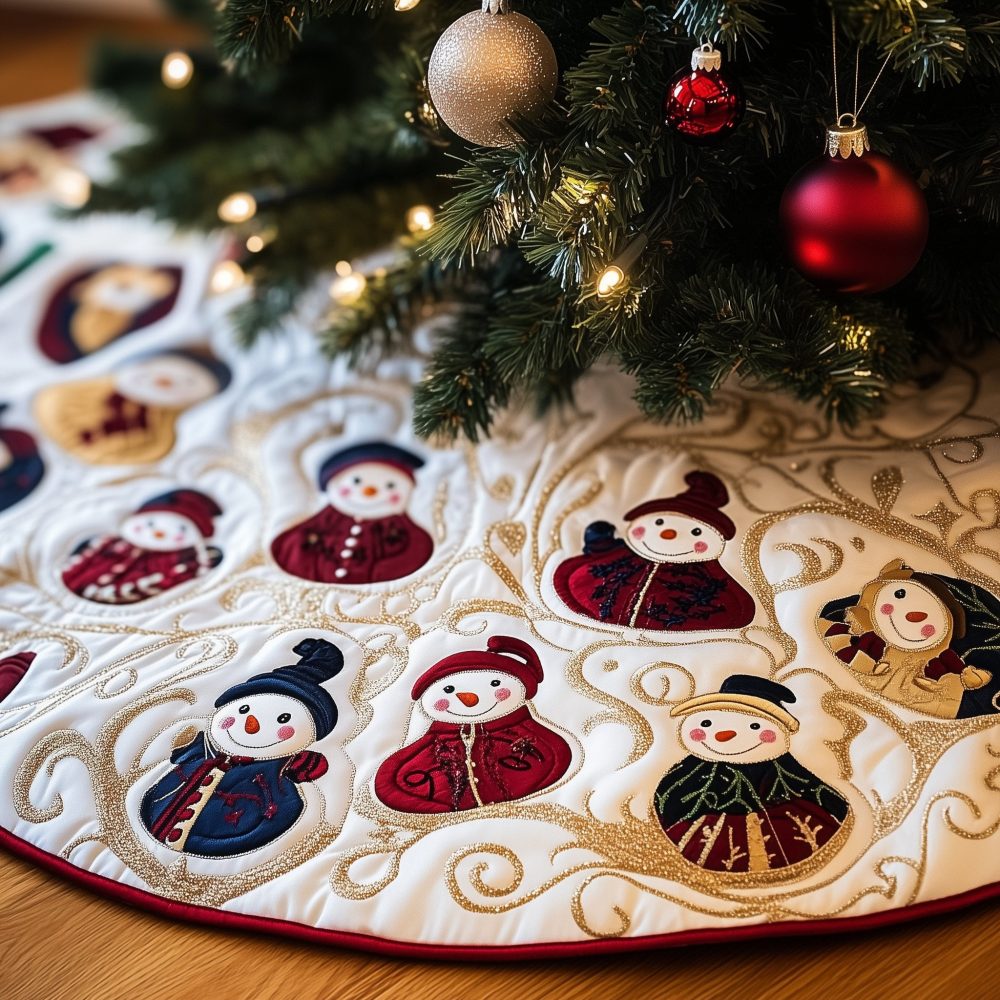 Gold Scroll Snowman Friends Tree Skirt — Elegant Embroidered Christmas Skirt With Gold Scrollwork & Snowman Motifs, Handcrafted And Made-To-Order