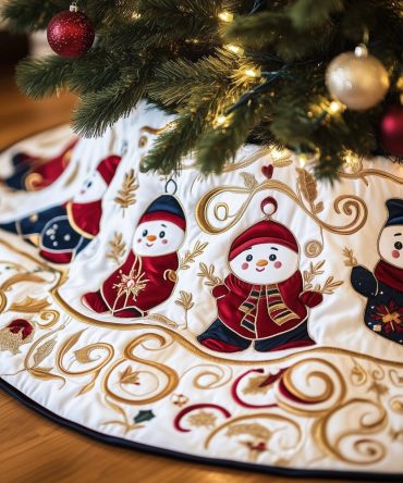 Winter White Snowman Waltz Holiday Tree Skirt — Classic White Embroidered Christmas Skirt With Subtle Snowman Motif, Handcrafted & Made-To-Order