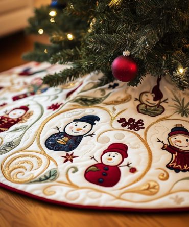 Golden Vine Snowman Pair Holiday Tree Skirt — Hand-Embroidered Christmas Tree Skirt With Luxe Gold Vine Motif, Made-To-Order & Customizable