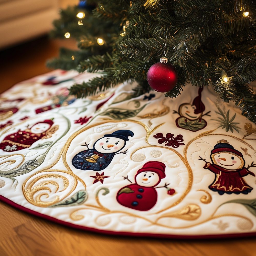 Golden Vine Snowman Pair Holiday Tree Skirt — Hand-Embroidered Christmas Tree Skirt With Luxe Gold Vine Motif, Made-To-Order & Customizable