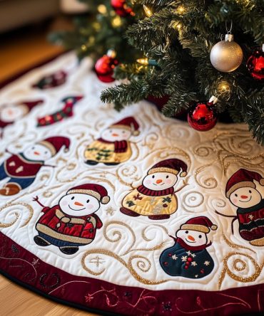 Swirling Snowman Trio Embroidered Holiday Tree Skirt — Elegant White Tree Skirt With Swirl Stitch Embroidery, Handcrafted & Made-To-Order