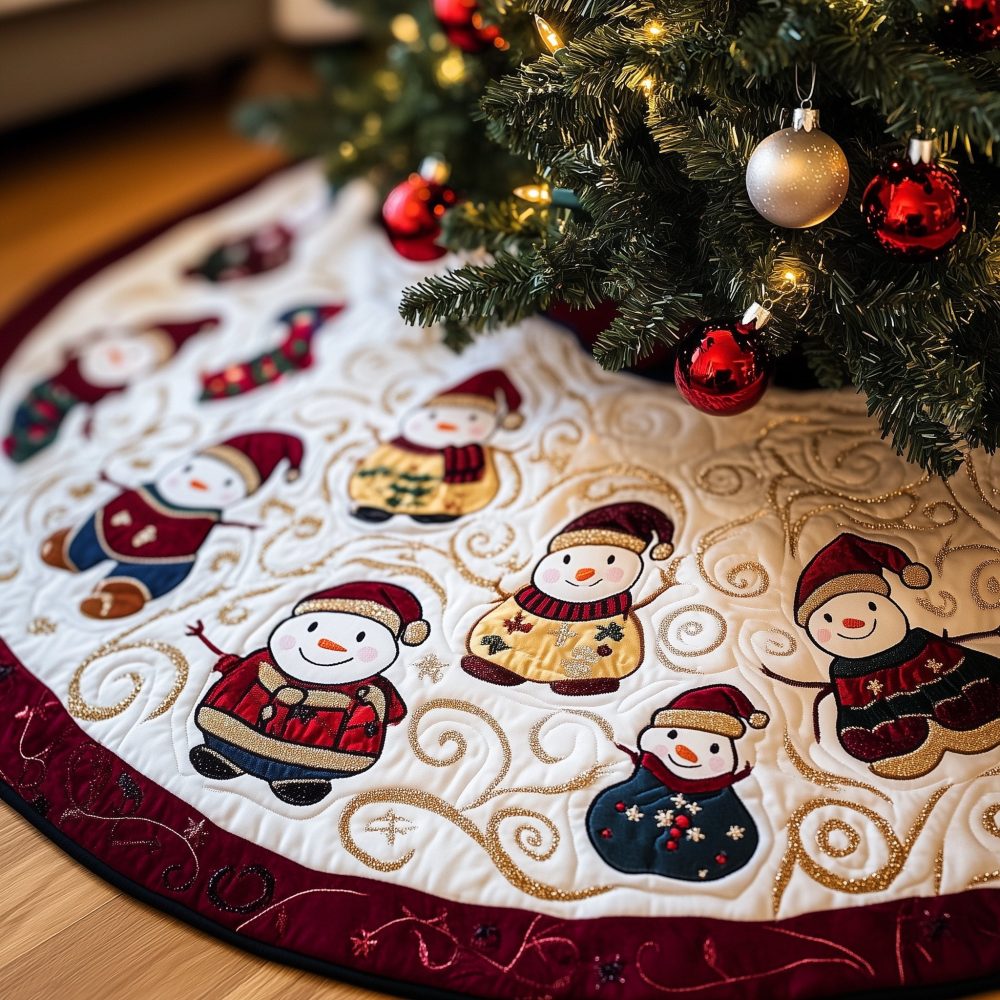 Swirling Snowman Trio Embroidered Holiday Tree Skirt — Elegant White Tree Skirt With Swirl Stitch Embroidery, Handcrafted & Made-To-Order