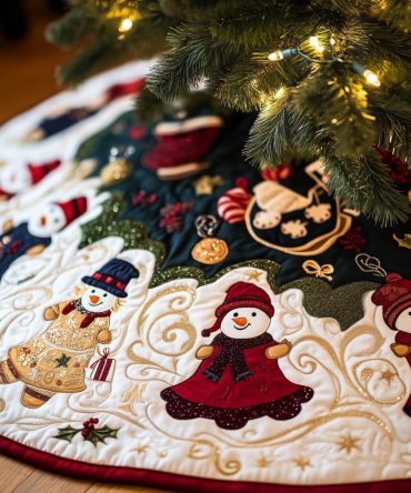 Midnight Snowmen Patchwork Holiday Tree Skirt — Handcrafted Quilted Christmas Tree Skirt With Dark Blue Backing, Made-To-Order & Custom Sizes