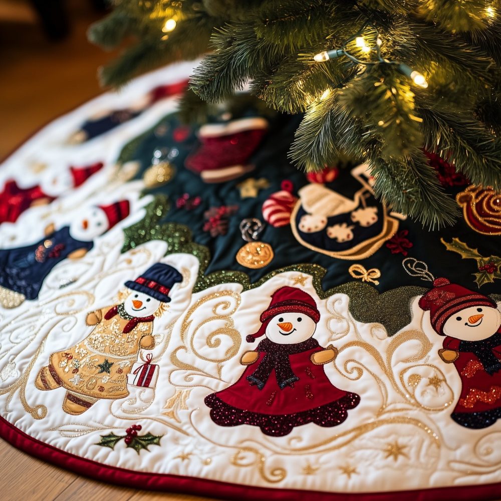Midnight Snowmen Patchwork Holiday Tree Skirt — Handcrafted Quilted Christmas Tree Skirt With Dark Blue Backing, Made-To-Order & Custom Sizes