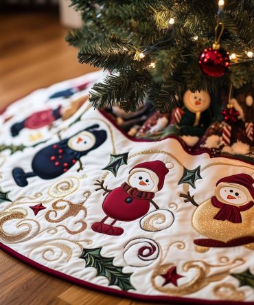 Holly Rim Snowman Dance Holiday Tree Skirt — Festive Embroidered Christmas Skirt With Holly Border, Handcrafted & Made-To-Order Sizes