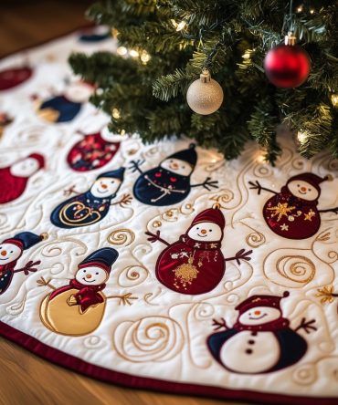 Luxurious Gilded Snowman Embroidered Holiday Tree Skirt — Handcrafted Christmas Tree Skirt With Metallic Gold Thread & Satin Trim, Made-To-Order