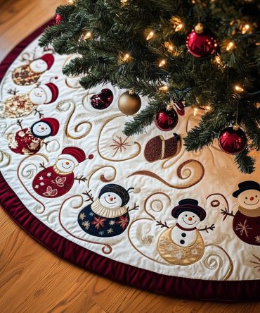 Ruby Hem Snowman Parade Holiday Tree Skirt — Vibrant Red Trimmed Christmas Tree Skirt, Handcrafted Embroidered Snowmen, Made-To-Order