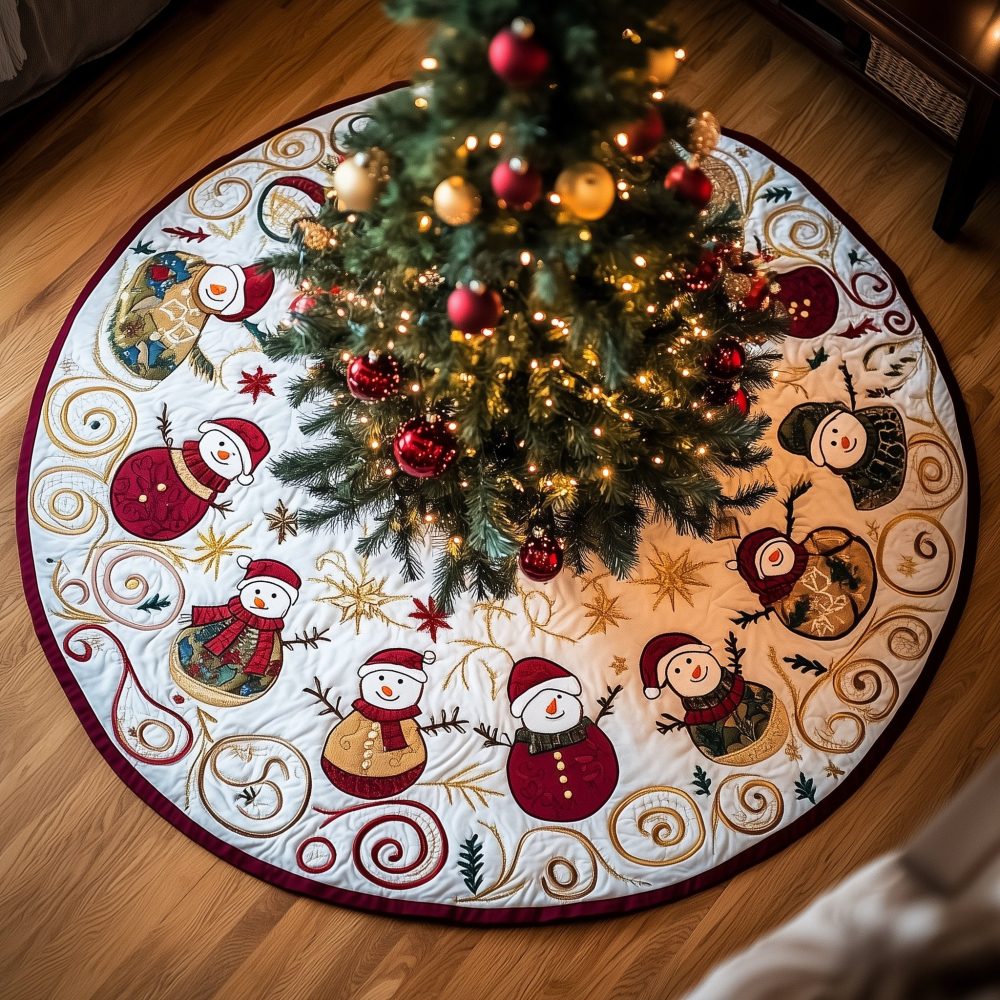 Aerial Snowman Ring Christmas Tree Skirt — Round Top-View Snowman Design, Custom Handmade Holiday Tree Skirt