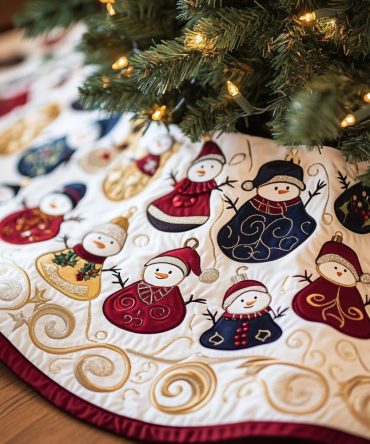 Snowman Sampler On Snow Christmas Tree Skirt — White Winter Quilt Skirt With Playful Snowman Designs, Custom Fit