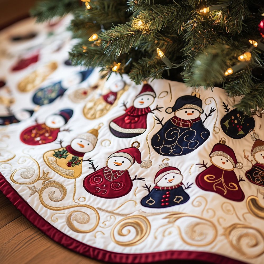 Snowman Sampler On Snow Christmas Tree Skirt — White Winter Quilt Skirt With Playful Snowman Designs, Custom Fit