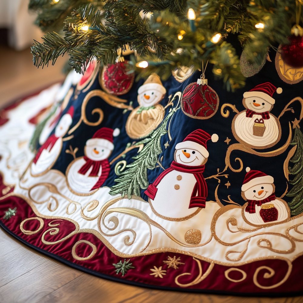 Navy Border Snowmen Christmas Tree Skirt — Deep Blue Holiday Skirt With Festive Snowmen, Made-To-Order