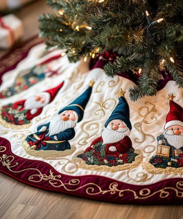 Cream Gnome Christmas Tree Skirt With Burgundy Border - Custom Quilted Holiday Skirt, Handcrafted Elegant Festive Accent