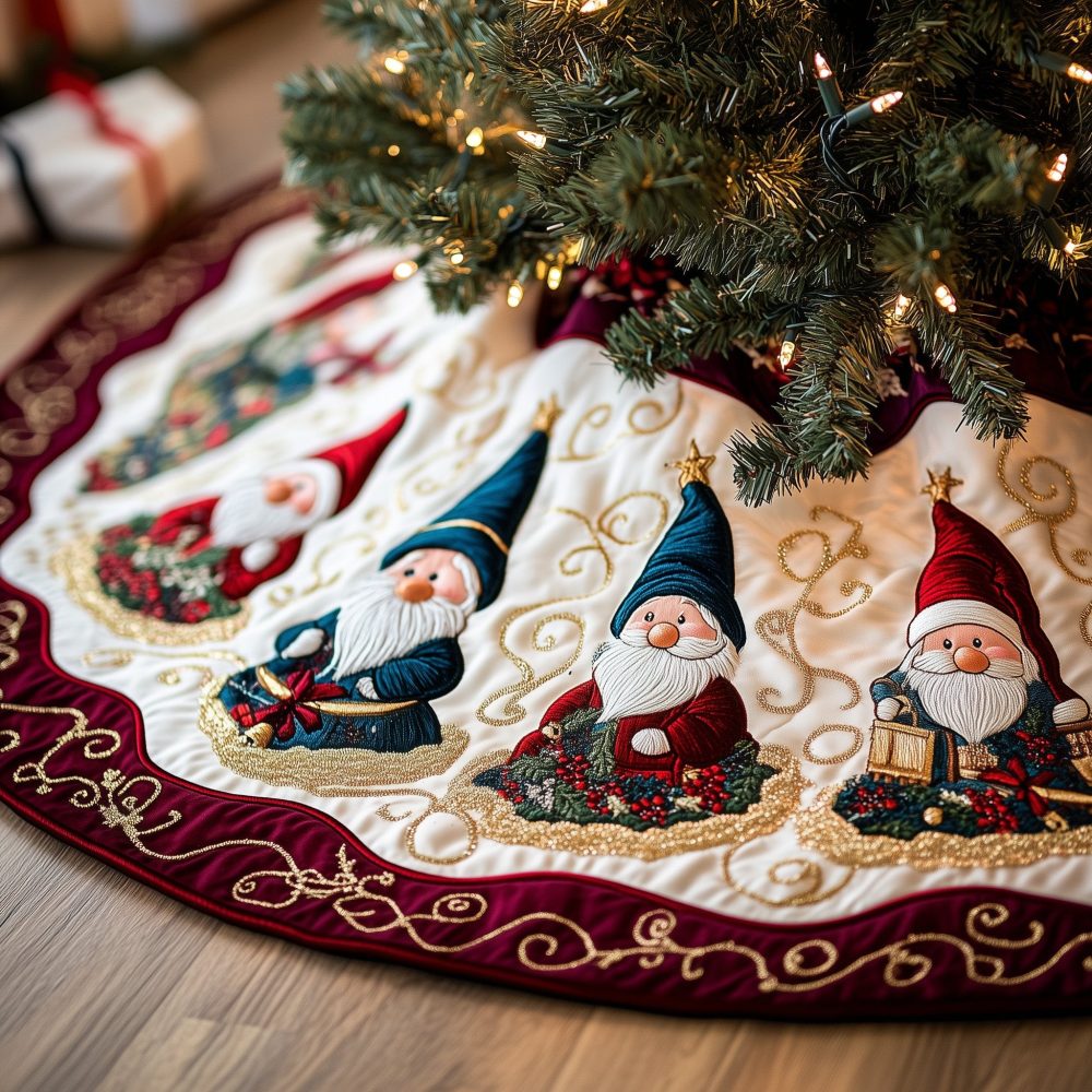 Cream Gnome Christmas Tree Skirt With Burgundy Border - Custom Quilted Holiday Skirt, Handcrafted Elegant Festive Accent