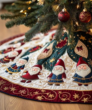 Red & Blue Hat Gnome Christmas Tree Skirt - Custom Quilted Holiday Skirt, Handcrafted Cheerful Scandinavian-Inspired Design