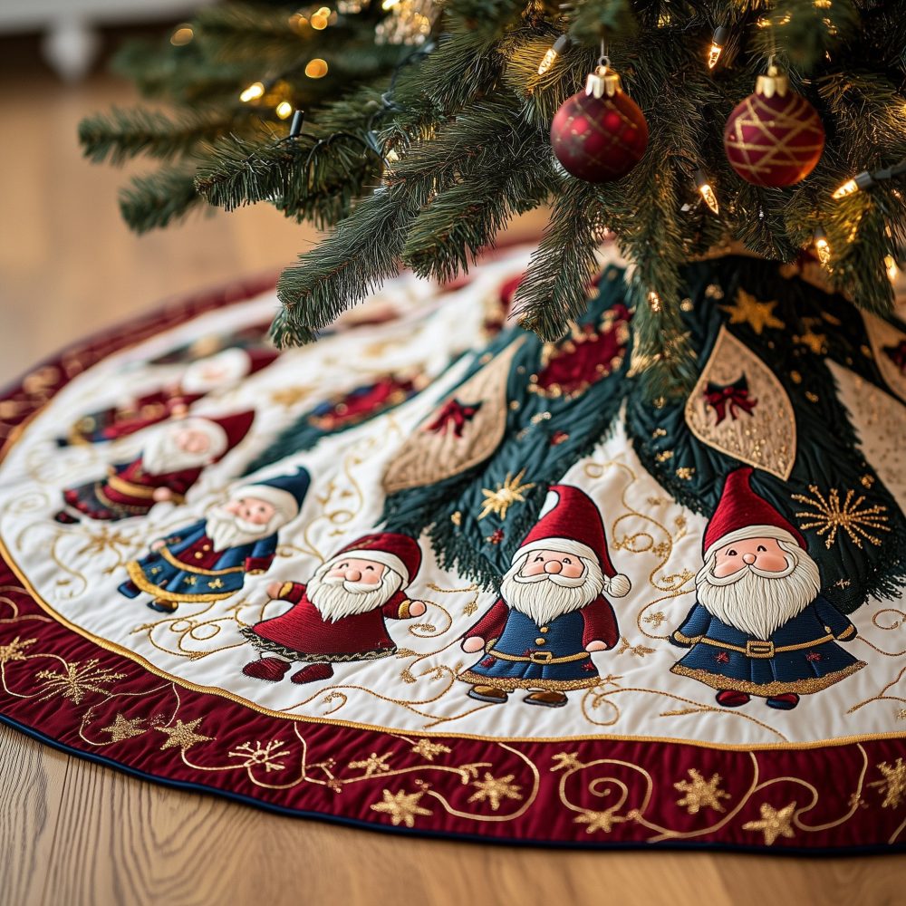 Red & Blue Hat Gnome Christmas Tree Skirt - Custom Quilted Holiday Skirt, Handcrafted Cheerful Scandinavian-Inspired Design
