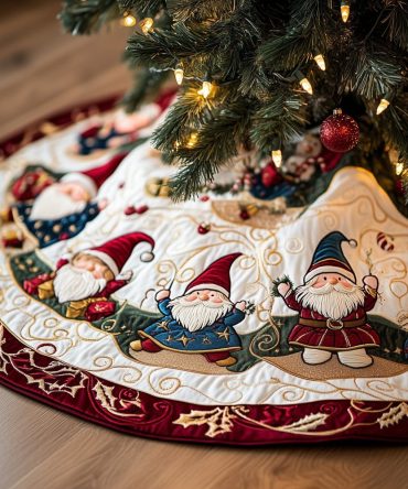 Snowy Navy Hillside Gnome Christmas Tree Skirt - Handcrafted Winter Quilt, Custom Holiday Skirt For Rustic Decor