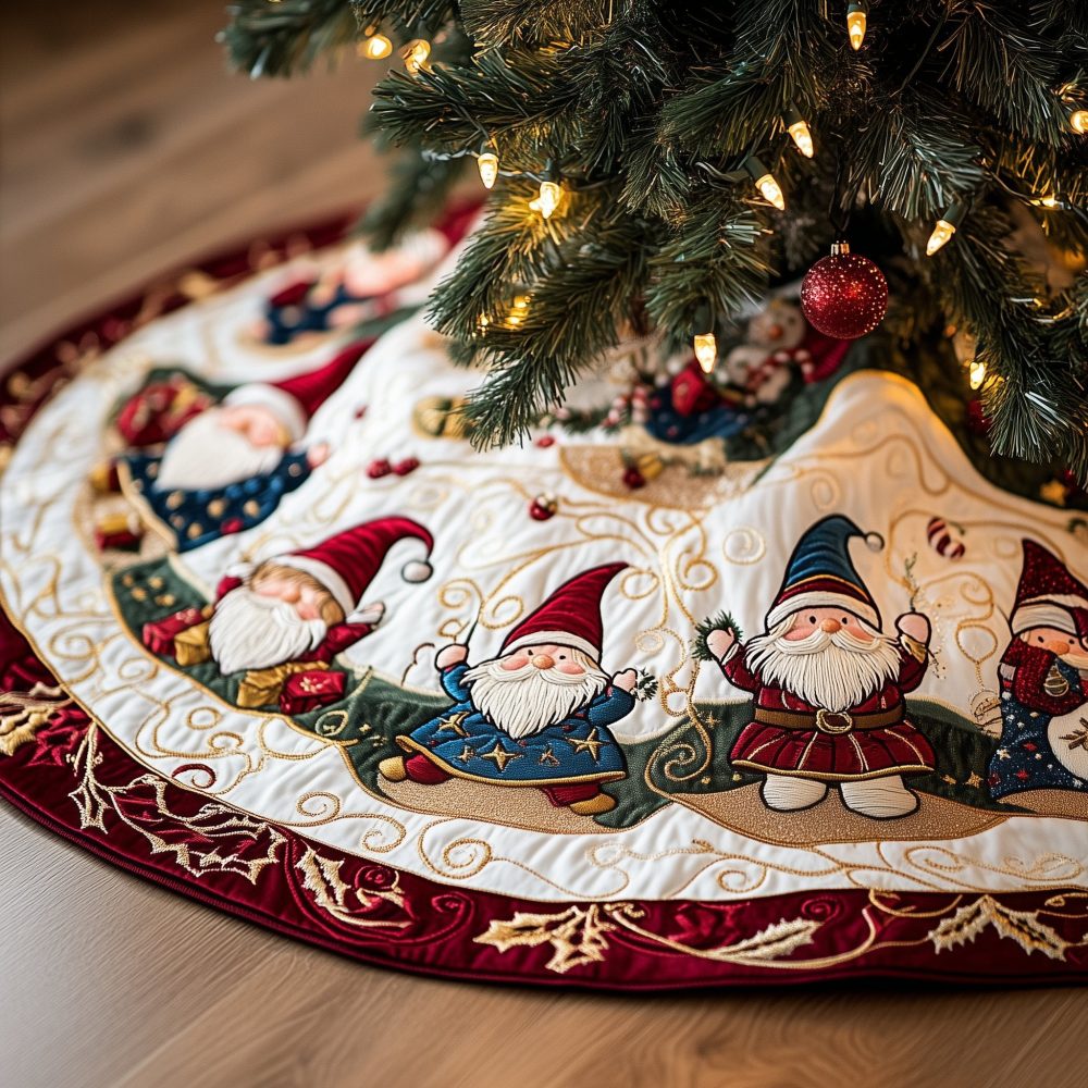 Snowy Navy Hillside Gnome Christmas Tree Skirt - Handcrafted Winter Quilt, Custom Holiday Skirt For Rustic Decor