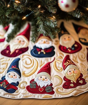 Golden Swirl Gnome Face Christmas Tree Skirt - Luxurious Quilted Holiday Skirt, Custom Handcrafted Warm Decor