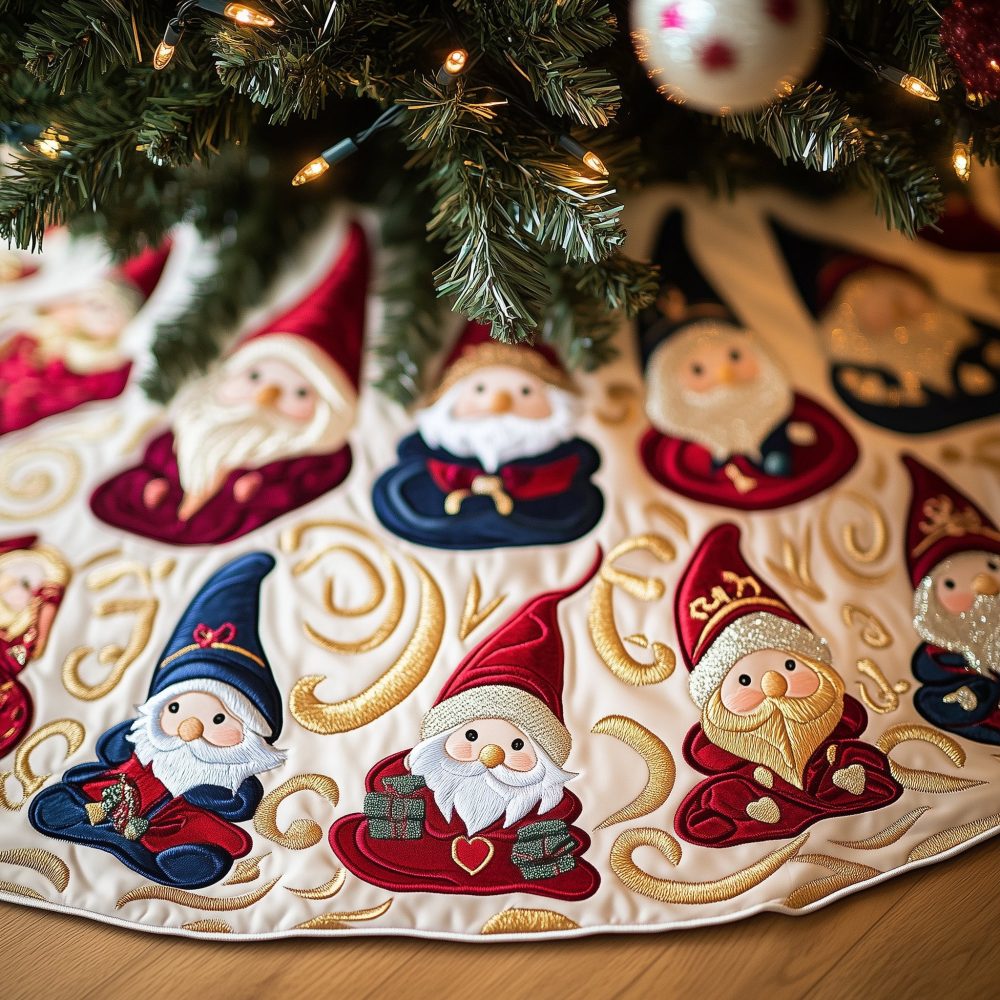 Golden Swirl Gnome Face Christmas Tree Skirt - Luxurious Quilted Holiday Skirt, Custom Handcrafted Warm Decor