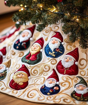 Navy & Red Gnome Holiday Tree Skirt On Ivory - Custom Quilted Christmas Skirt, Handcrafted Cozy Seasonal Accent