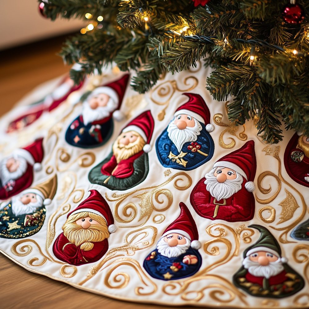 Navy & Red Gnome Holiday Tree Skirt On Ivory - Custom Quilted Christmas Skirt, Handcrafted Cozy Seasonal Accent