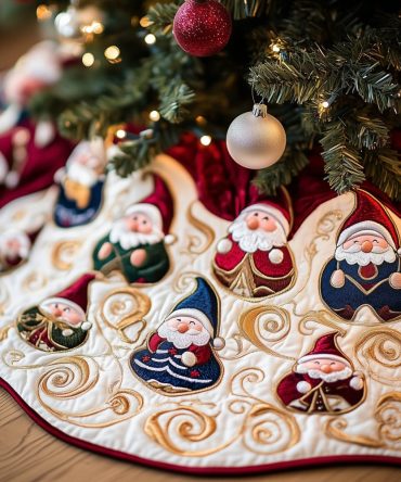 Ivory Swirl Gnome Christmas Tree Skirt - Handcrafted Quilted Holiday Tree Collar, Custom Gnome Theme Decor