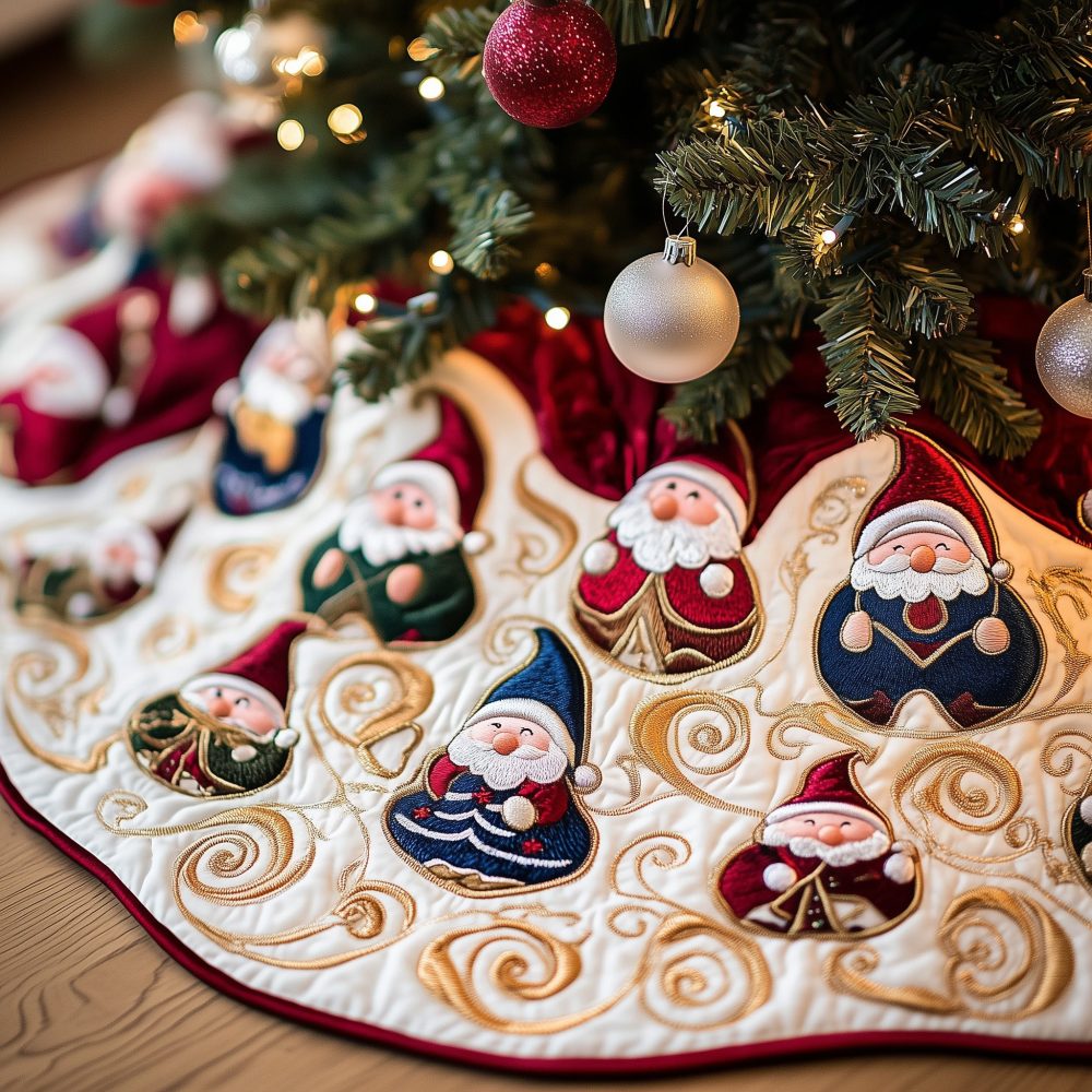 Ivory Swirl Gnome Christmas Tree Skirt - Handcrafted Quilted Holiday Tree Collar, Custom Gnome Theme Decor