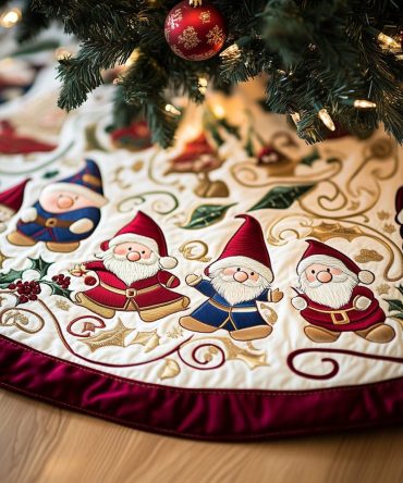 Deep Red Border Gnome Christmas Tree Skirt - Custom Quilted Holiday Accent, Handmade Festive Tree Protector