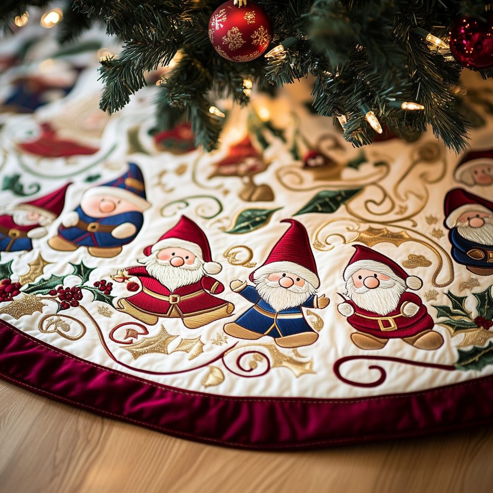 Deep Red Border Gnome Christmas Tree Skirt - Custom Quilted Holiday Accent, Handmade Festive Tree Protector