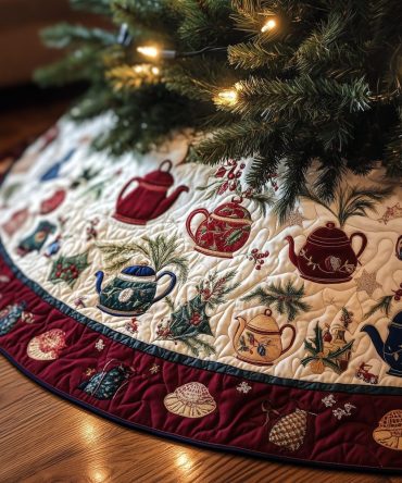 Ivory Teapots & Seashell Holiday Tree Skirt — Coastal Christmas Decor, Custom-Made Fabric Tree Mat