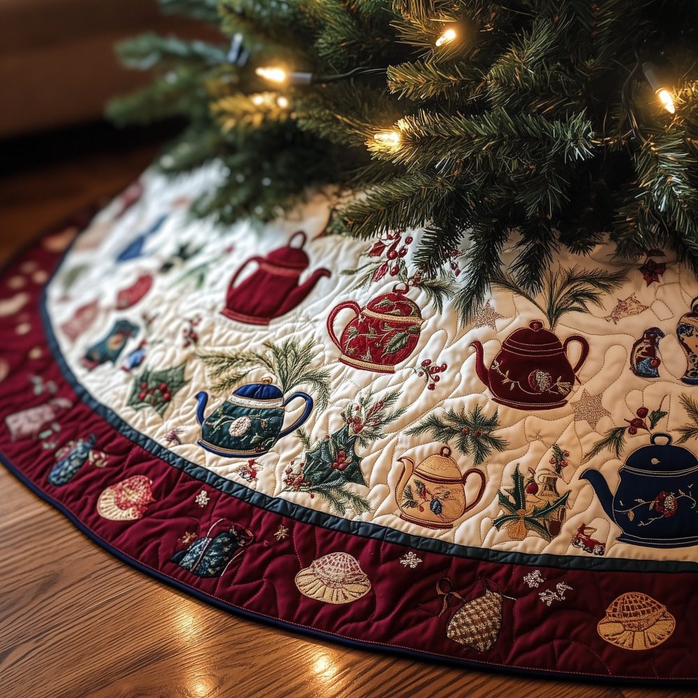 Ivory Teapots & Seashell Holiday Tree Skirt — Coastal Christmas Decor, Custom-Made Fabric Tree Mat