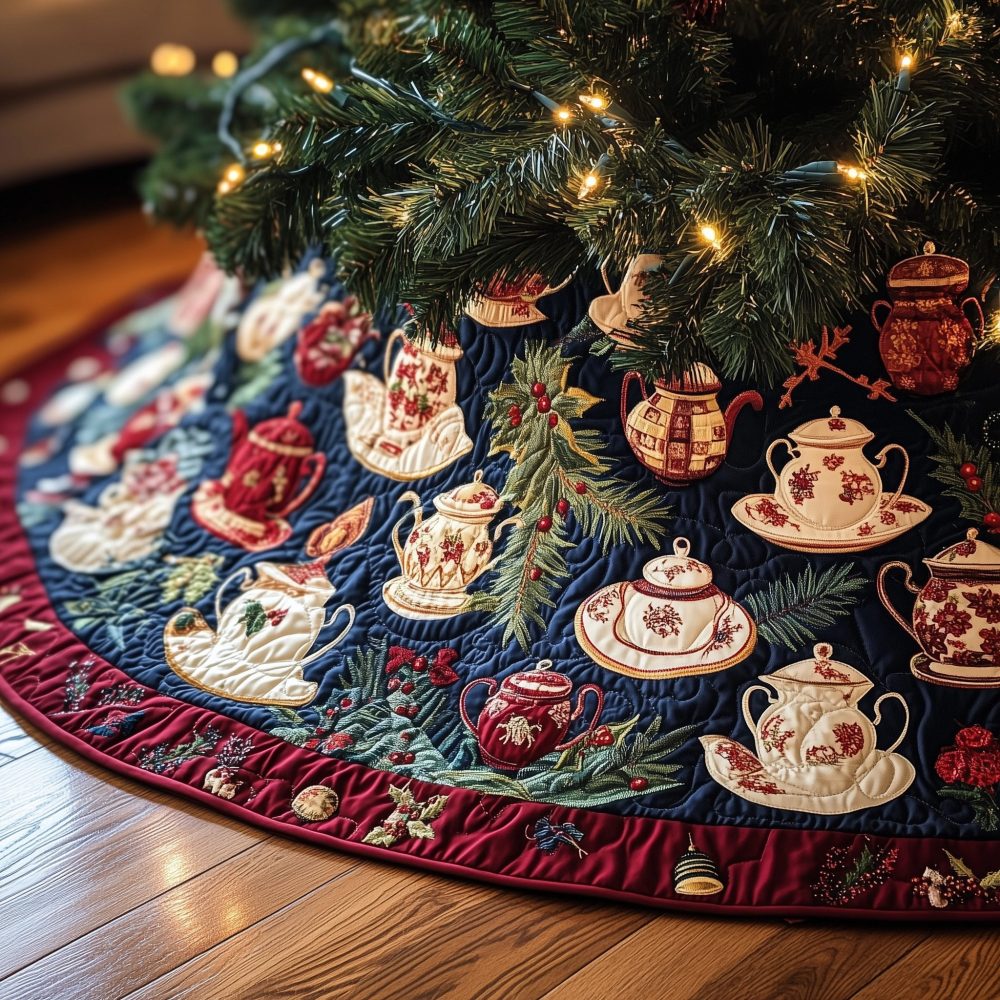 Navy Teapot Collection Christmas Tree Skirt — Classic Blue Holiday Accent, Custom Tailored Tree Mat