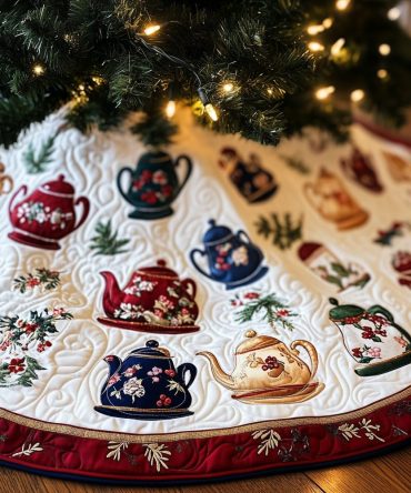 Winter White Floral Teapot Christmas Tree Skirt — Custom Handmade Holiday Skirt With Delicate Floral Tea Pot Appliques