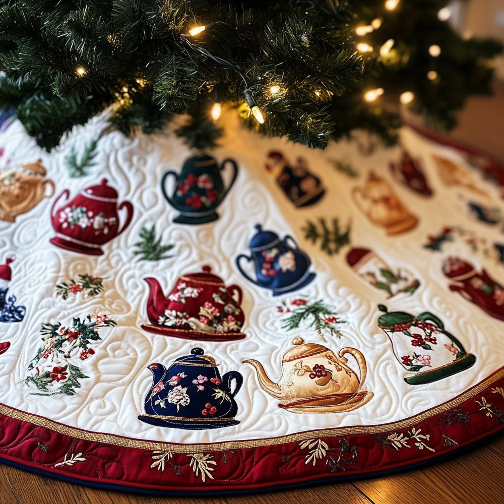 Winter White Floral Teapot Christmas Tree Skirt — Custom Handmade Holiday Skirt With Delicate Floral Tea Pot Appliques